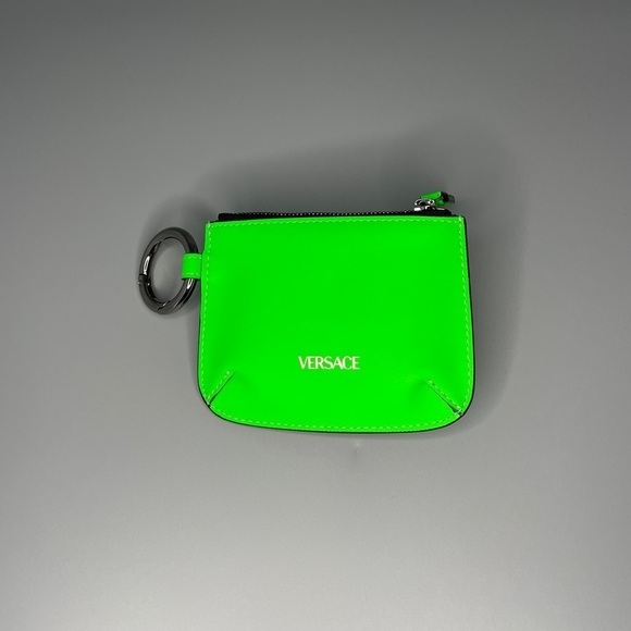 Versace Medusa Logo Neon Green Leather Keychain Pouch Wallet Unisex Bag Charm - Picture 4 of 9